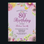 Floral 80th Birthday Invitation for Women Paars Kaart<br><div class="desc">Floral 80th Birthday Invitation for Women. Waterverf Floral,  Paarse achtergrond. Voor verdere aanpassing,  te klikken gelieve de knoop "van de Aanpassing het"en ons ontwerphulpmiddel te gebruiken om deze sjabloon te wijzigen.</div>