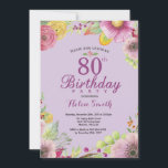 Floral 80th Birthday Invitation for Women Paars Kaart<br><div class="desc">Floral 80th Birthday Invitation for Women. Waterverf Floral,  Paarse achtergrond. Voor verdere aanpassing,  te klikken gelieve de knoop "van de Aanpassing het"en ons ontwerphulpmiddel te gebruiken om deze sjabloon te wijzigen.</div>