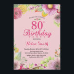 Floral 80th Birthday Invitation for Women Pink Kaart<br><div class="desc">Floral 80th Birthday Invitation for Women. Waterverf Floral,  roze achtergrond. Voor verdere aanpassing,  te klikken gelieve de knoop "van de Aanpassing het"en ons ontwerphulpmiddel te gebruiken om deze sjabloon te wijzigen.</div>