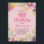 Floral 80th Birthday Invitation for Women Pink Kaart<br><div class="desc">Floral 80th Birthday Invitation for Women. Waterverf Floral,  roze achtergrond. Voor verdere aanpassing,  te klikken gelieve de knoop "van de Aanpassing het"en ons ontwerphulpmiddel te gebruiken om deze sjabloon te wijzigen.</div>
