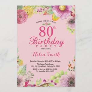 Floral 80th Birthday Invitation for Women Pink Kaart