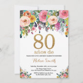 Floral 80th Birthday Invitation Gold Glitter Kaart (Voorkant)