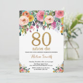 Floral 80th Birthday Invitation Gold Glitter Kaart (Staand voorkant)