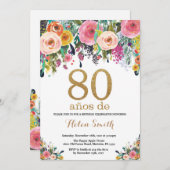 Floral 80th Birthday Invitation Gold Glitter Kaart (Voorkant / Achterkant)