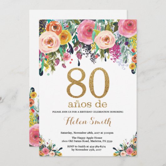 Floral 80th Birthday Invitation Gold Glitter Kaart (Voorkant / Achterkant)