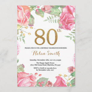 Floral 80th Birthday Invitation Gold Glitter Kaart