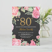 Floral 80th Birthday Invitation Gold Glitter Kaart (Staand voorkant)