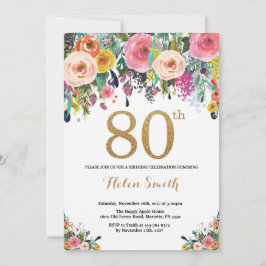 Floral 80th Birthday Invitation Gold Glitter Kaart