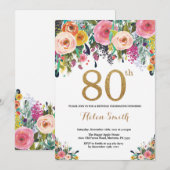 Floral 80th Birthday Invitation Gold Glitter Kaart (Voorkant / Achterkant)