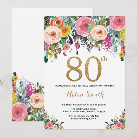 Floral 80th Birthday Invitation Gold Glitter Kaart (Voorkant / Achterkant)