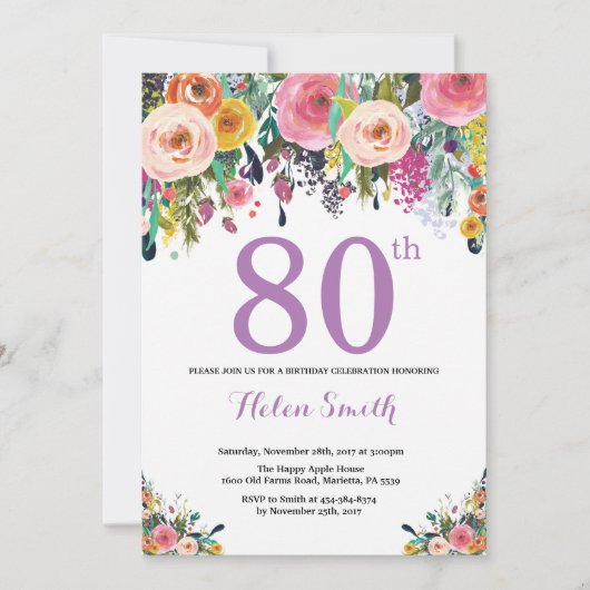 Floral 80th Birthday Invitation Paars Kaart (Voorkant)