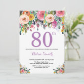 Floral 80th Birthday Invitation Paars Kaart (Staand voorkant)