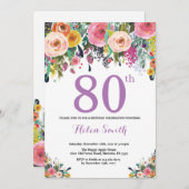 Floral 80th Birthday Invitation Paars Kaart (Voorkant / Achterkant)