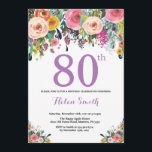 Floral 80th Birthday Invitation Paars Kaart<br><div class="desc">Floral 80th Birthday Invitation for Women. Waterverf bloem. Roze, geel, Oranje, Paars ventilator. Volwassen verjaardag. 30e 40e 50e 60e 70e 90e 100e 13e 15e 16e 18e 20e 21e elke leeftijd. Voor verdere aanpassing, te klikken gelieve de knoop "van de Aanpassing het"en ons ontwerphulpmiddel te gebruiken om deze sjabloon te wijzigen....</div>