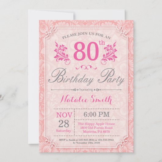 Floral 80th Birthday Invitation Pink for Women Kaart (Voorkant)