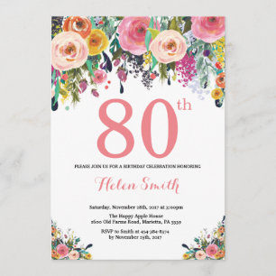 Floral 80th Birthday Invitation Pink Kaart