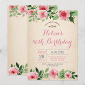 Floral 80th Birthday Invitation Pink Waterverf Kaart (Voorkant / Achterkant)