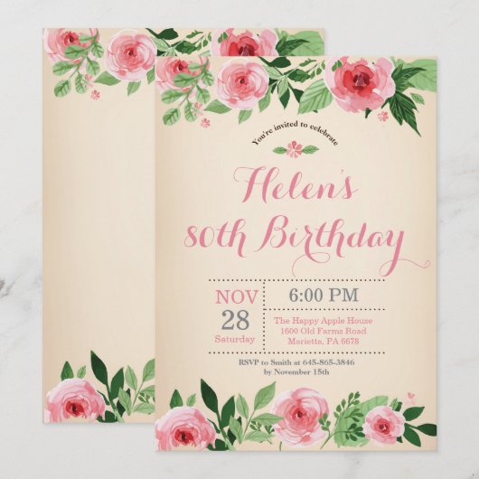 Floral 80th Birthday Invitation Pink Waterverf Kaart (Voorkant / Achterkant)