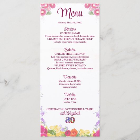 Floral 80th Birthday Menu Kaart Elegant 80 jaar (Voorkant)