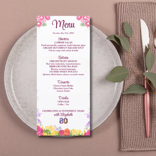 Floral 80th Birthday Menu Kaart Elegant 80 jaar
