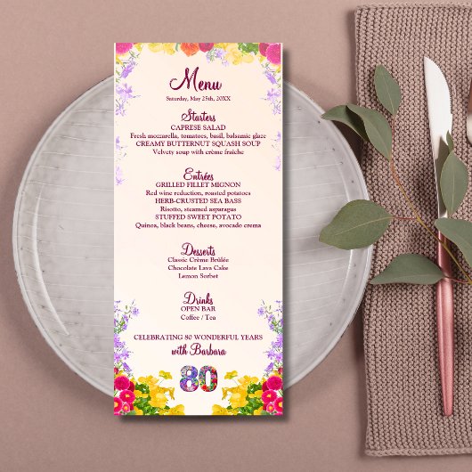 Floral 80th Birthday Menu Kaart Elegant 80 jaar