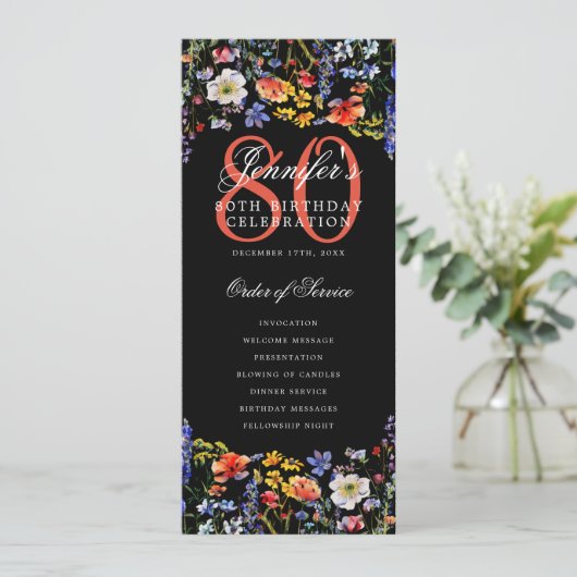 Floral 80th Birthday Party Programma Menu Zwart (Staand voorkant)