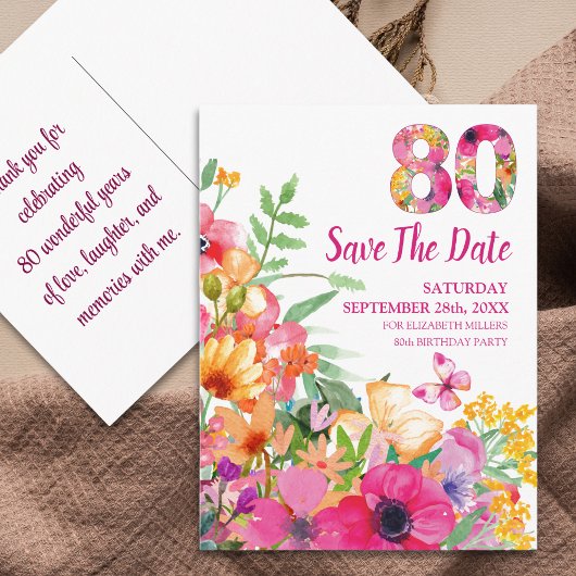 Floral 80th Birthday Save The Date - Chic 80 Years Aankondigingskaart