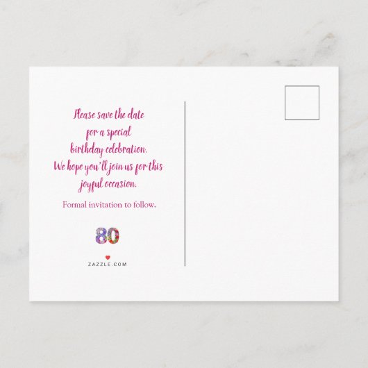 Floral 80th Birthday Save The Date – Modern Design Aankondigingskaart (Achterkant)