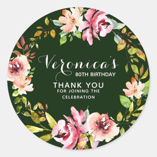 Floral | 80th Birthday Thank You| Green Ronde Sticker (Voorkant)