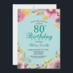 Floral 80th Birthday Uitnodiging voor vrouwen Blau<br><div class="desc">Floral 80th Birthday Invitation for Women. Waterverf Floral,  Blauwgroen Aqua Turquoise Achtergrond. Voor verdere aanpassing,  te klikken gelieve de knoop "van de Aanpassing het"en ons ontwerphulpmiddel te gebruiken om deze sjabloon te wijzigen.</div>