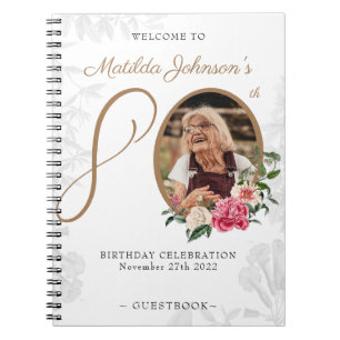 Floral 80th Birthday White Gold Photo Guestbook Notitieboek