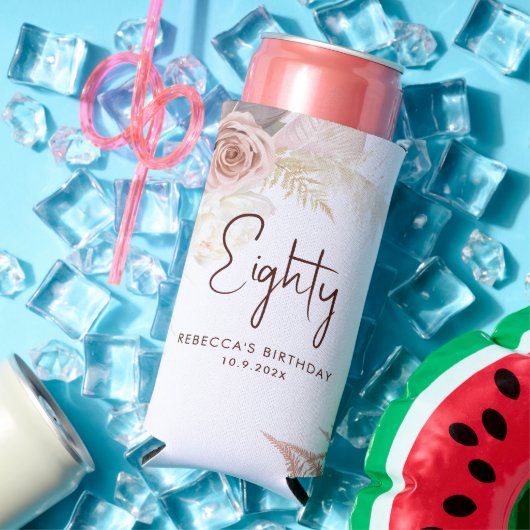 Floral 80th verjaardagsfeestje gepersonaliseerd seltzer blikjeskoeler (Insitu Zomer)