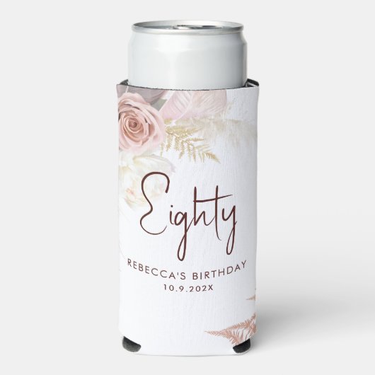 Floral 80th verjaardagsfeestje gepersonaliseerd seltzer blikjeskoeler (Seltzer Voorkant)