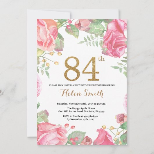 Floral 84th Birthday Invitation Gold Glitter Kaart (Voorkant)