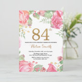 Floral 84th Birthday Invitation Gold Glitter Kaart (Staand voorkant)
