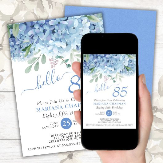 Floral 85th Birthday Blue Hydrangeas Waterverf Kaart