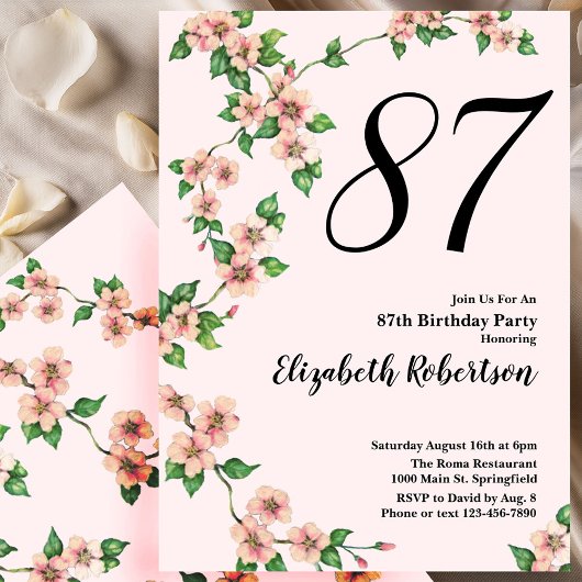 Floral 87th Birthday Invitation in Blush Pink Kaart