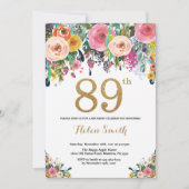 Floral 89th Birthday Invitation Gold Glitter Kaart (Voorkant)