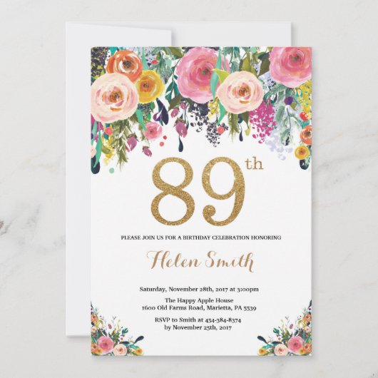 Floral 89th Birthday Invitation Gold Glitter Kaart (Voorkant)