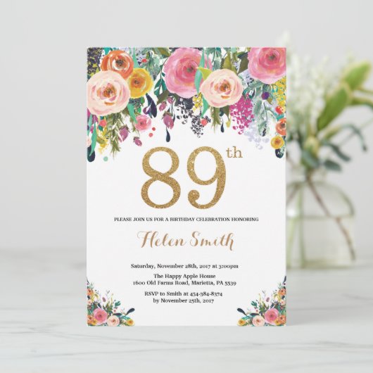 Floral 89th Birthday Invitation Gold Glitter Kaart (Staand voorkant)