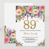 Floral 89th Birthday Invitation Gold Glitter Kaart (Voorkant / Achterkant)