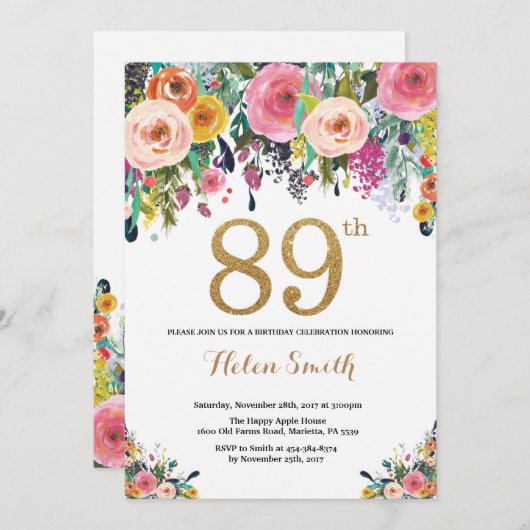 Floral 89th Birthday Invitation Gold Glitter Kaart (Voorkant / Achterkant)