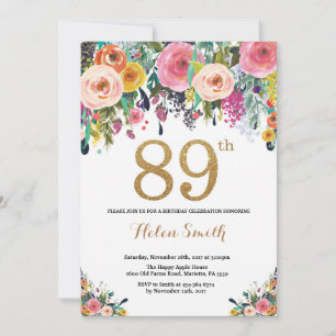 Floral 89th Birthday Invitation Gold Glitter Kaart