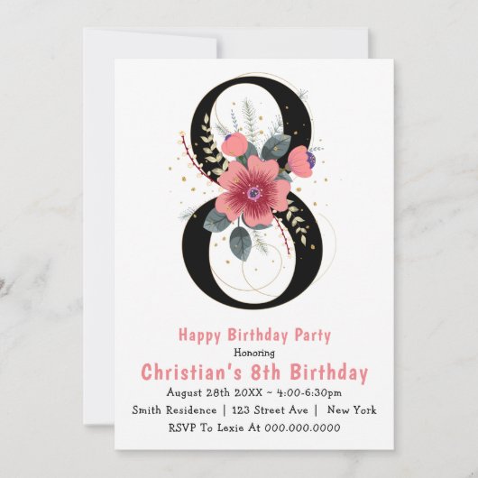 Floral 8th Typography Birthday Invitations (Voorkant)