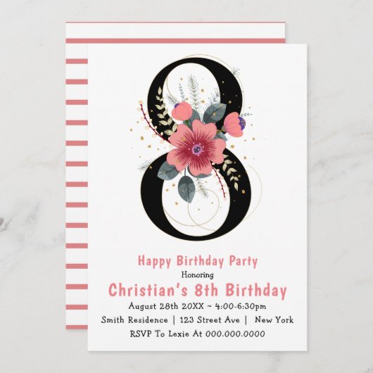 Floral 8th Typography Birthday Invitations (Voorkant / Achterkant)