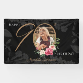 Floral 90th Birthday Black Gold Aangepaste foto Spandoek