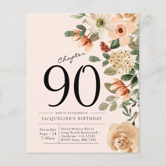 Floral 90th Birthday Budget Invitation Flyer (Voorkant)