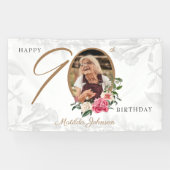 Floral 90th Birthday Elegant White Gold Custom Spandoek (Horizontaal)