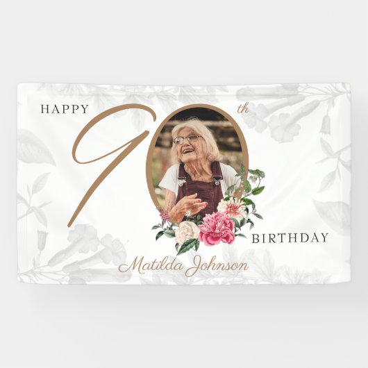 Floral 90th Birthday Elegant White Gold Custom Spandoek (Horizontaal)