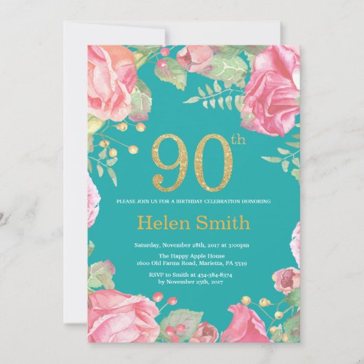 Floral 90th Birthday Gold Glitter en Blauwgroen Kaart (Voorkant)
